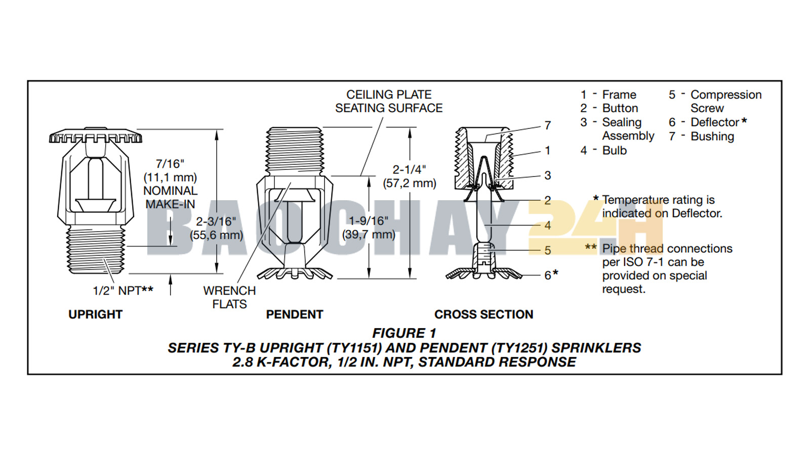 TY1251 Đầu phun chữa cháy Sprinkler Tyco loại hướng xuống