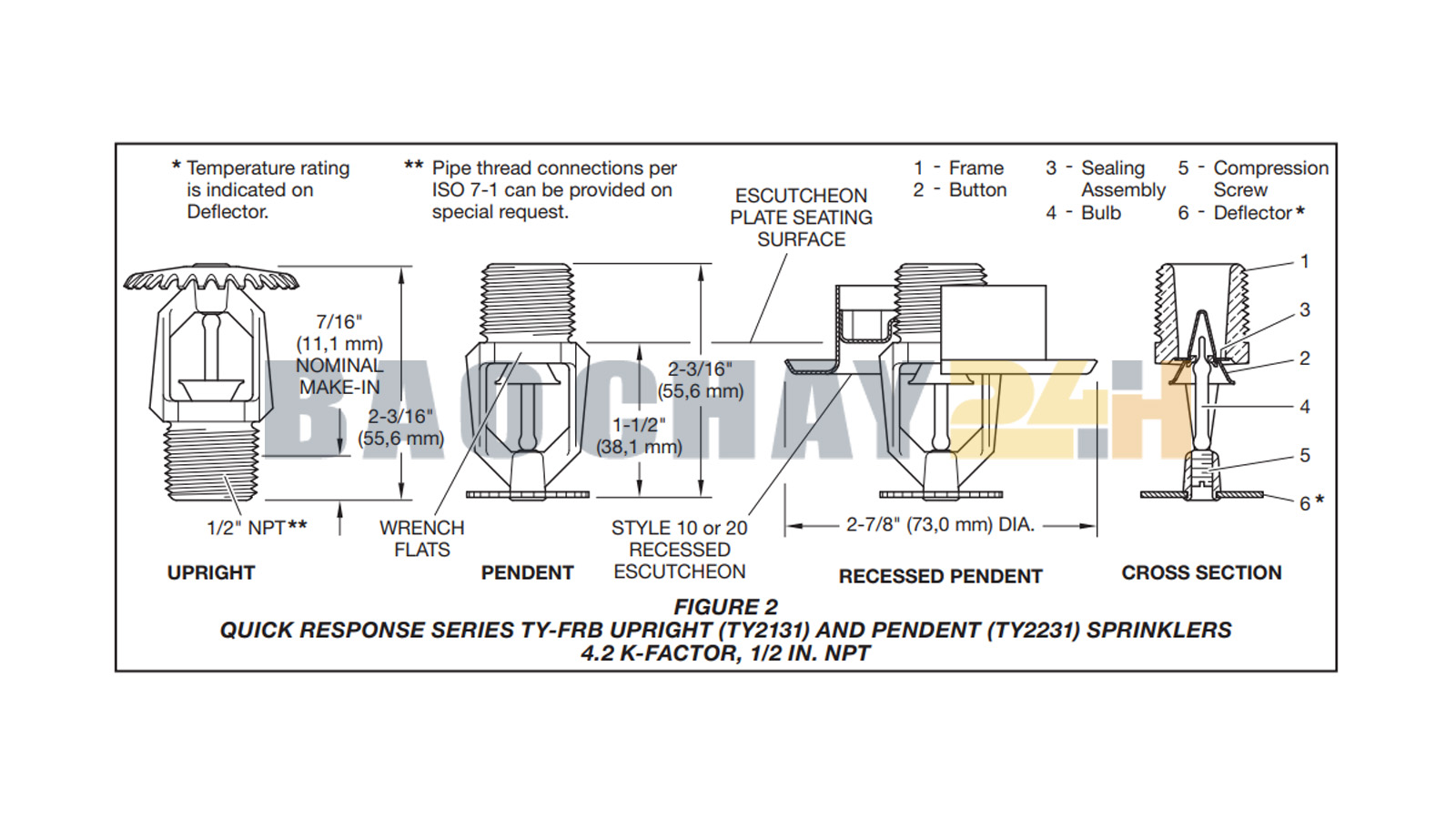 TY2231 Đầu phun chữa cháy Sprinkler Tyco loại hướng xuống