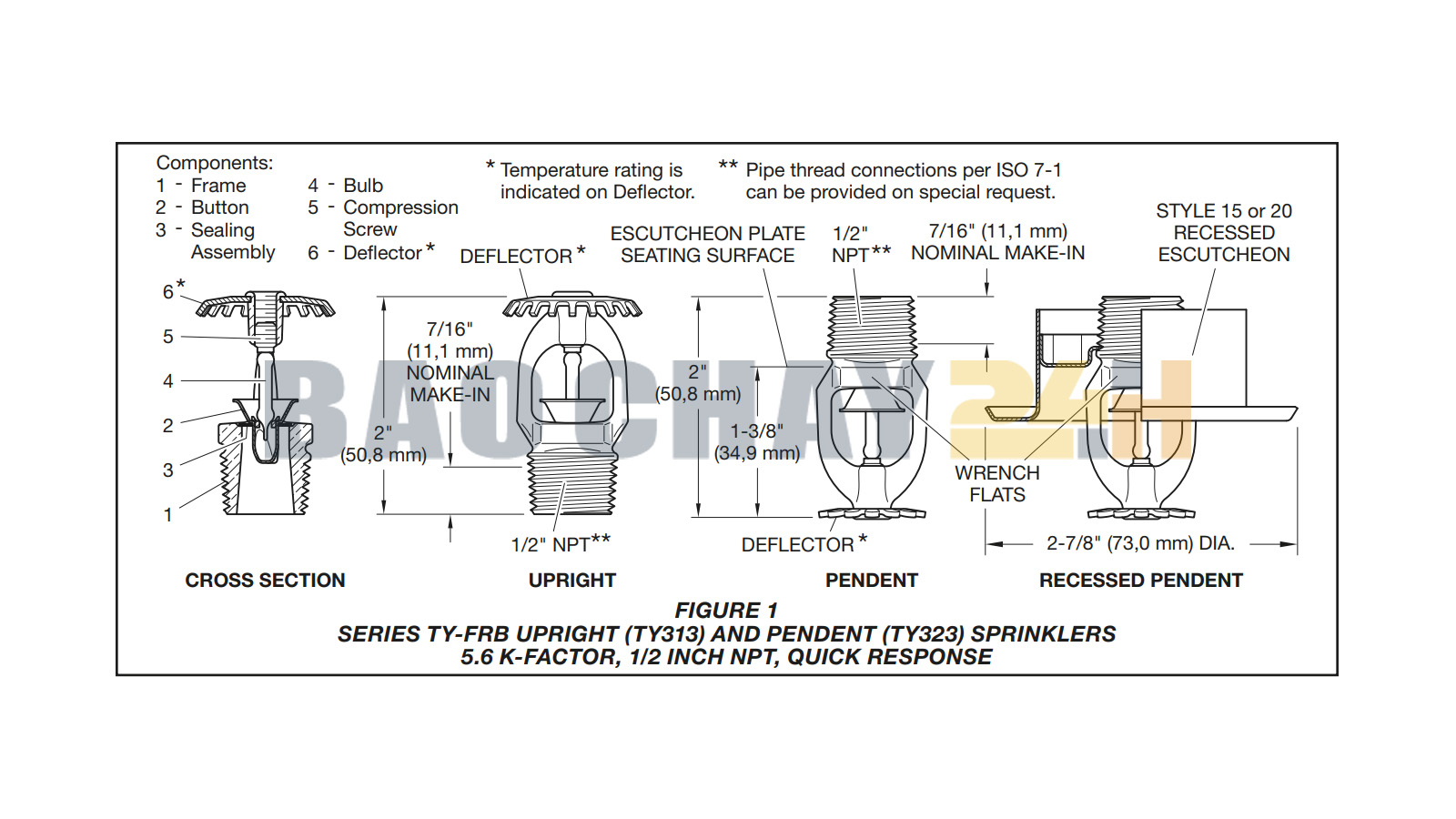 TY323 Đầu phun chữa cháy Sprinkler Tyco loại hướng xuống