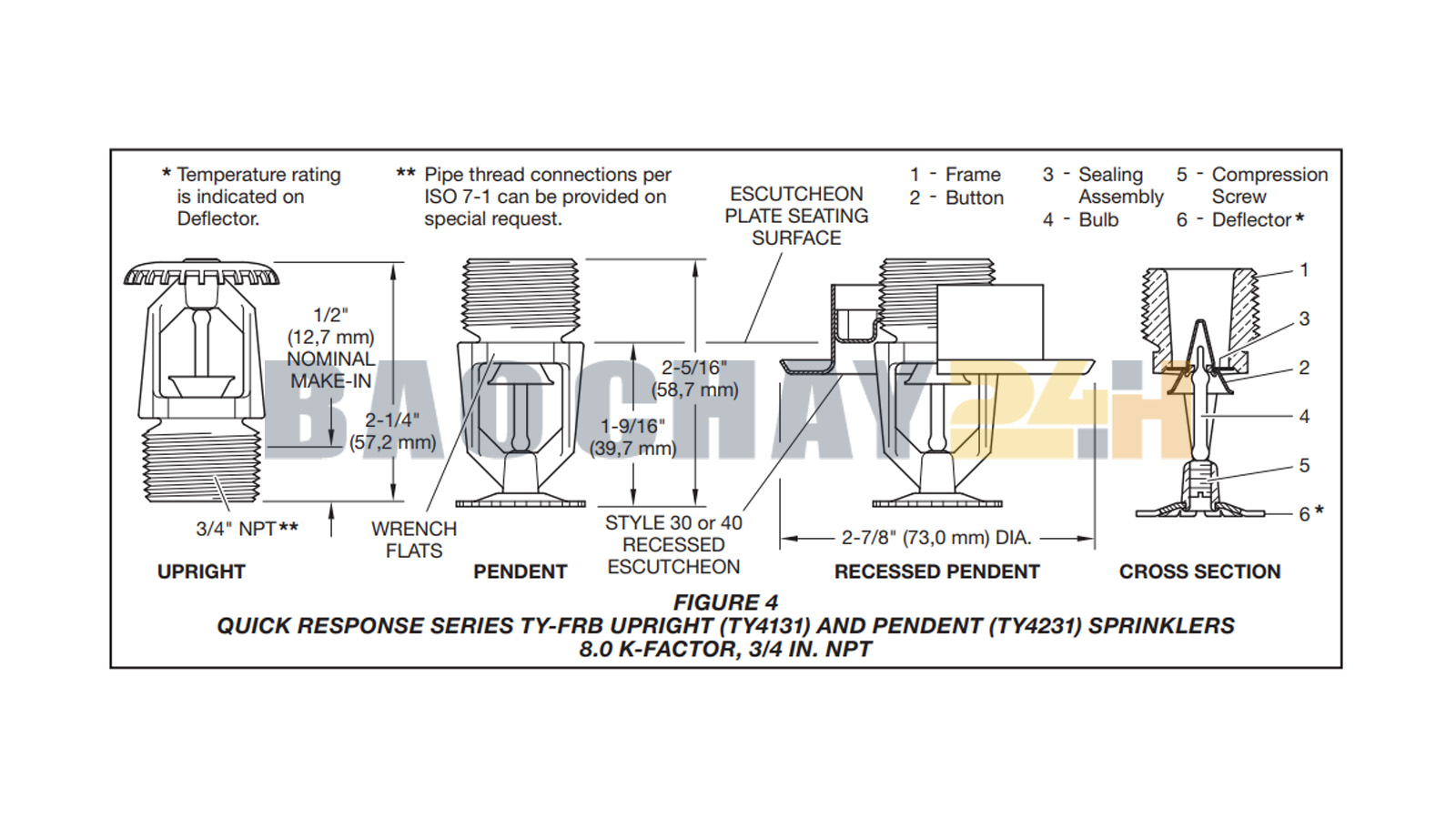 TY4231 Đầu phun chữa cháy Sprinkler Tyco loại hướng xuống