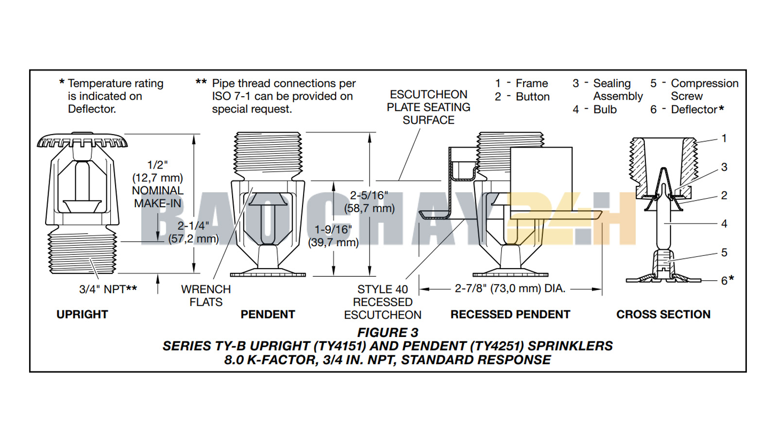 TY4251 Đầu phun chữa cháy Sprinkler Tyco loại hướng xuống